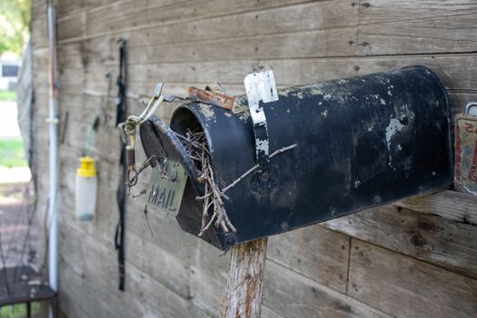 Old Abandoned country mail box with bird nest inside it . High quality photo