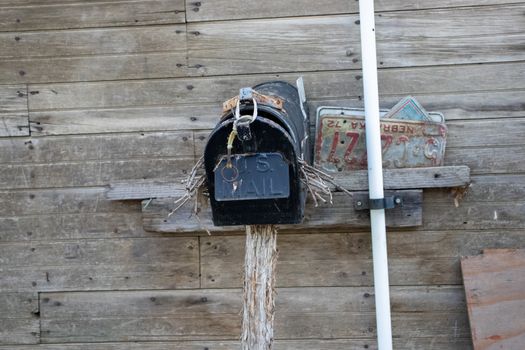 Close up of the front of an Old Abandoned country mail box with bird nest inside it on the side of a shed. High quality photo