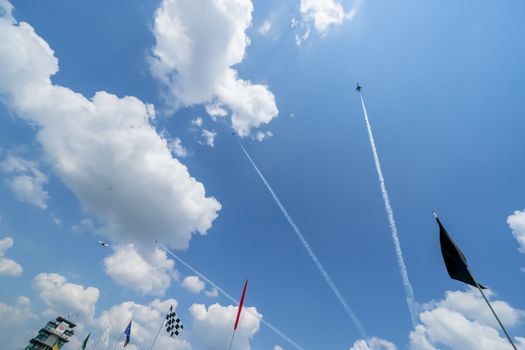 The United States Air Force performs a flyover at the Indianapolis Motor Speedway as it plays host to the 104th running of the Indianapolis 500 in Indianapolis, Indiana.