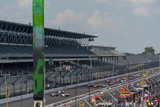 The green flag drops on the Indianapolis 500 at Indianapolis Motor Speedway in Indianapolis Indiana.