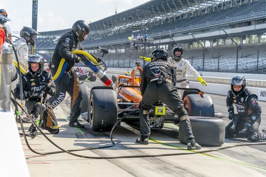 PATO OWARD (5) of Monterey, Mexico brings his car in for service during the Indianapolis 500 at Indianapolis Motor Speedway in Indianapolis Indiana.