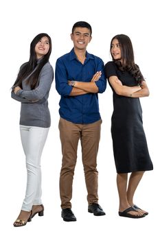 Portrait of three asian model with casual suit in happiness action on white background, friendship and teamwork concept, include cliping path
