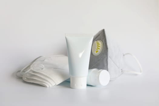 Cleansing gel and protection mask filter isolated
