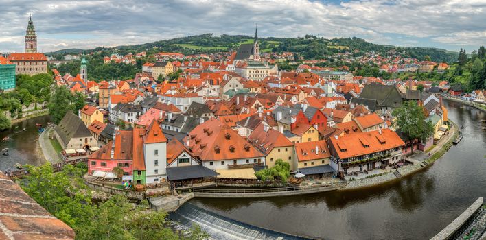 Top view over the old Town of Cesky Krumlov, Czech Republic. UNESCO World Heritage Site.Europe