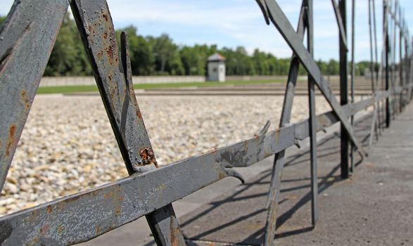 Dachau, Germany on july 13, 2020: Fence of the Jewish Memorial at the Nazi Concentration Camp in Dachau, Germany