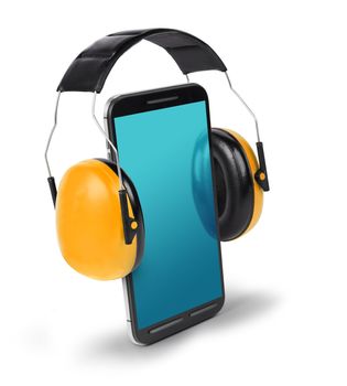 Smart phone with ear protectors, loud speaking conceptual illustration