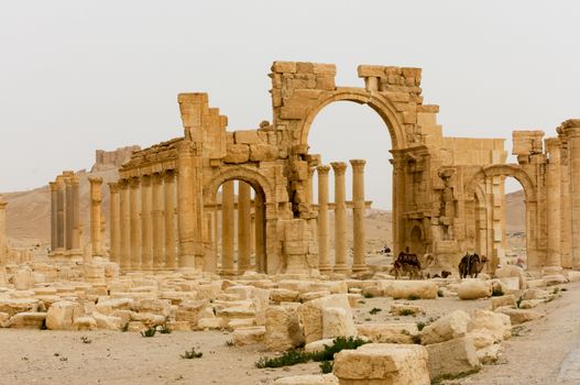 Palmyre Syria 2009 This ancient site has many Roman ruins, these standing columns and arch of triumph . High quality photo