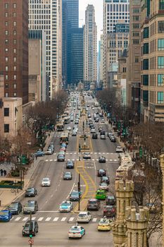 Chicago, USA - MAR 2019 : Top view of traffic on South Michigan Avenue in the City of Chicago around Magnificent Mile on March 18, 2019, Illinois, United states
