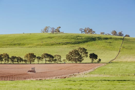 Farmland and paddocks near Maldon and Castlemaine on a clear sunny day in the Victorian goldfields, Australia