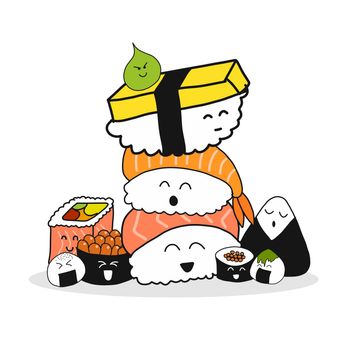 Food concept. Hand drawing set of kawaii or cute sushi isolated on white background. 