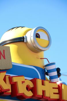 OSAKA, JAPAN - Feb 19, 2020 : Statue of "HAPPY MINION", located in Universal Studios Japan, Osaka, Japan. Minions are famous character from Despicable Me animation.