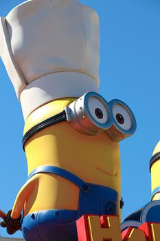 OSAKA, JAPAN - Feb 19, 2020 : Statue of "HAPPY MINION", located in Universal Studios Japan, Osaka, Japan. Minions are famous character from Despicable Me animation.