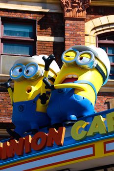 OSAKA, JAPAN - Feb 19, 2020 : Statue of "HAPPY MINION", located in Universal Studios Japan, Osaka, Japan. Minions are famous character from Despicable Me animation.