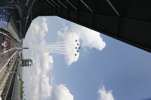 The United States Air Force performs a flyover at the Indianapolis Motor Speedway as it plays host to the 104th running of the Indianapolis 500 in Indianapolis, Indiana.
