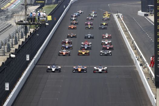 The green flag drops on the Indianapolis 500 at Indianapolis Motor Speedway in Indianapolis Indiana.