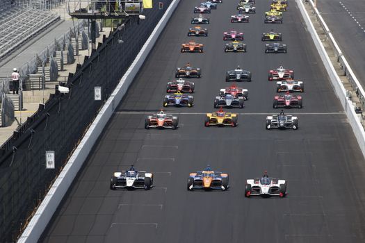 The green flag drops on the Indianapolis 500 at Indianapolis Motor Speedway in Indianapolis Indiana.