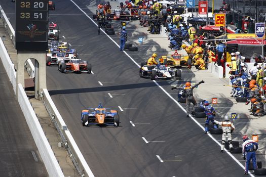 The NTT IndyCar Series teams take to the track to race for the Indianapolis 500 at Indianapolis Motor Speedway in Indianapolis Indiana.