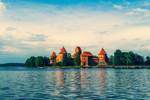 Trakai Island Castle in Lake Galve, Most Popular Tourist Destination in Lithuania. Drone View