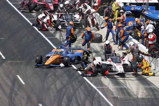 The NTT IndyCar Series teams take to the track to race for the Indianapolis 500 at Indianapolis Motor Speedway in Indianapolis Indiana.