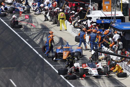 The NTT IndyCar Series teams take to the track to race for the Indianapolis 500 at Indianapolis Motor Speedway in Indianapolis Indiana.