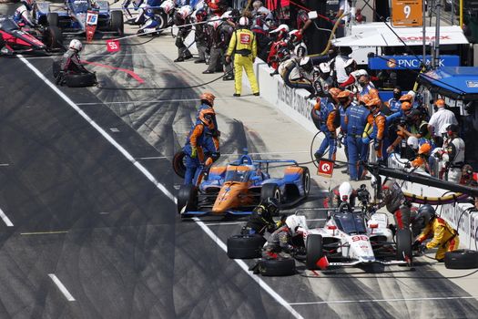 The NTT IndyCar Series teams take to the track to race for the Indianapolis 500 at Indianapolis Motor Speedway in Indianapolis Indiana.