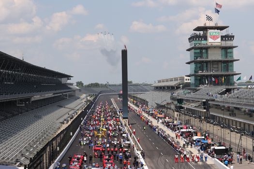 The green flag drops on the Indianapolis 500 at Indianapolis Motor Speedway in Indianapolis Indiana.