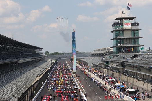 The green flag drops on the Indianapolis 500 at Indianapolis Motor Speedway in Indianapolis Indiana.