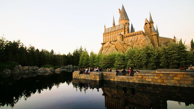 Osaka, Japan - Dec 02, 2017: View of Hogwarts castle at the Wizarding World of Harry Potter in Universal Studios Japan.