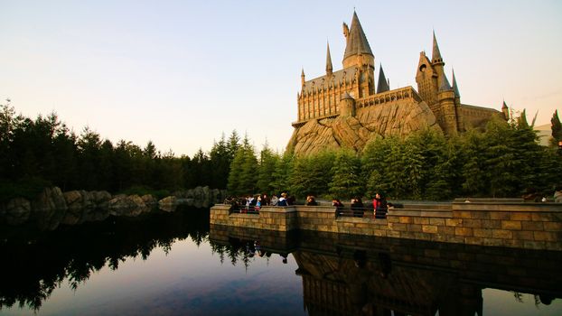 Osaka, Japan - Dec 02, 2017: View of Hogwarts castle at the Wizarding World of Harry Potter in Universal Studios Japan.