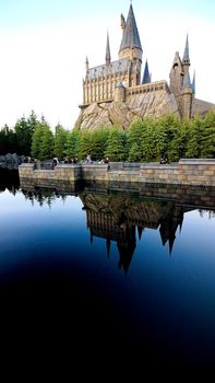 Osaka, Japan - Dec 02, 2017: View of Hogwarts castle at the Wizarding World of Harry Potter in Universal Studios Japan.