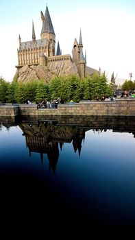 Osaka, Japan - Dec 02, 2017: View of Hogwarts castle at the Wizarding World of Harry Potter in Universal Studios Japan.