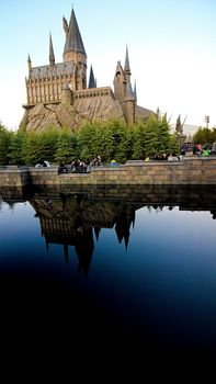 Osaka, Japan - Dec 02, 2017: View of Hogwarts castle at the Wizarding World of Harry Potter in Universal Studios Japan.