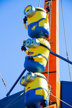 OSAKA, JAPAN - Feb 19, 2020 : Statue of "HAPPY MINION", located in Universal Studios Japan, Osaka, Japan. Minions are famous character from Despicable Me animation.