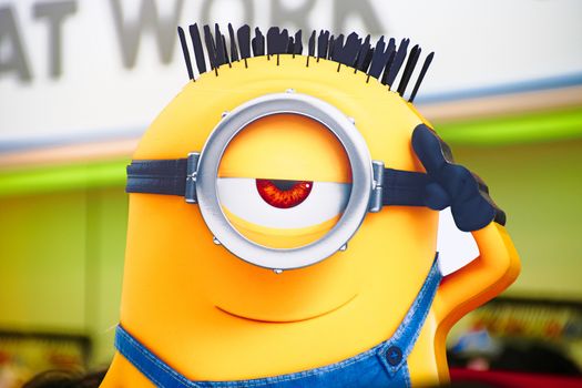 OSAKA, JAPAN - Feb 19, 2020 : Statue of "HAPPY MINION", located in Universal Studios Japan, Osaka, Japan. Minions are famous character from Despicable Me animation.