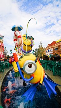 OSAKA, JAPAN - November 03, 2017 : Statue of MINIONS at MINION PARK ENTRANCE in Universal Studios JAPAN.  Minions are famous characters from Despicable Me animation.