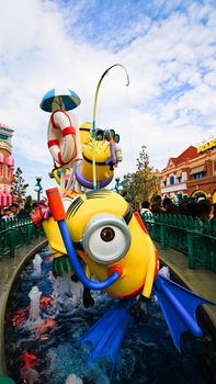 OSAKA, JAPAN - November 03, 2017 : Statue of MINIONS at MINION PARK ENTRANCE in Universal Studios JAPAN.  Minions are famous characters from Despicable Me animation.