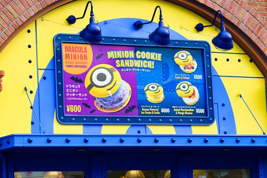 Osaka, JAPAN - NOV 19, 2019: Sign board of Minions from Despicable Me Minion Mayhem Movie at Minion Park in Universal Studios JAPAN.Universal Studios JAPAN is a theme park in Osaka.