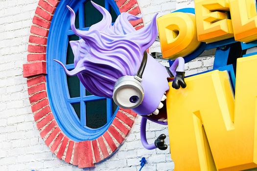 Osaka, JAPAN - NOV 19, 2019: Sign board of Minions from Despicable Me Minion Mayhem Movie at Minion Park in Universal Studios JAPAN.Universal Studios JAPAN is a theme park in Osaka.