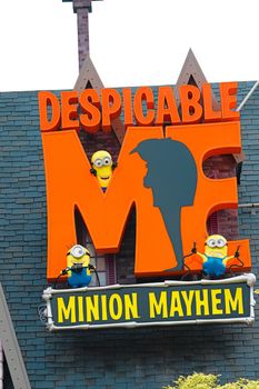 Osaka, JAPAN - NOV 19, 2019: Sign board of Minions from Despicable Me Minion Mayhem Movie at Minion Park in Universal Studios JAPAN.Universal Studios JAPAN is a theme park in Osaka.