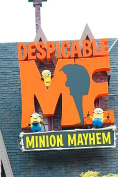 Osaka, JAPAN - NOV 19, 2019: Sign board of Minions from Despicable Me Minion Mayhem Movie at Minion Park in Universal Studios JAPAN.Universal Studios JAPAN is a theme park in Osaka.