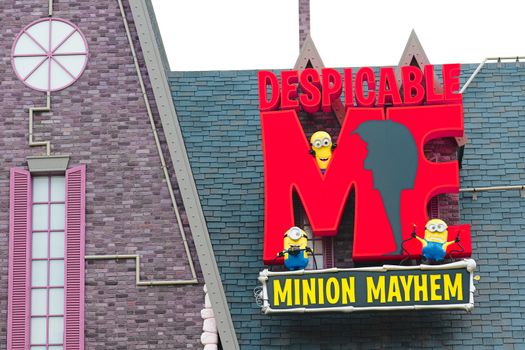 Osaka, JAPAN - NOV 19, 2019: Sign board of Minions from Despicable Me Minion Mayhem Movie at Minion Park in Universal Studios JAPAN.Universal Studios JAPAN is a theme park in Osaka.