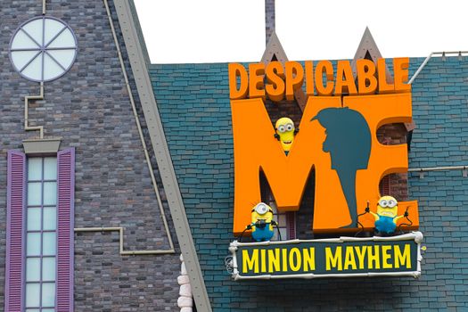 Osaka, JAPAN - NOV 19, 2019: Sign board of Minions from Despicable Me Minion Mayhem Movie at Minion Park in Universal Studios JAPAN.Universal Studios JAPAN is a theme park in Osaka.