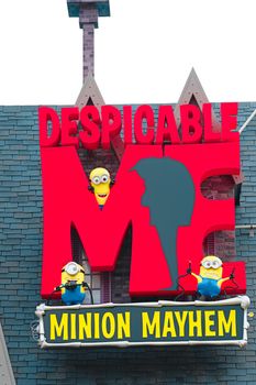 Osaka, JAPAN - NOV 19, 2019: Sign board of Minions from Despicable Me Minion Mayhem Movie at Minion Park in Universal Studios JAPAN.Universal Studios JAPAN is a theme park in Osaka.