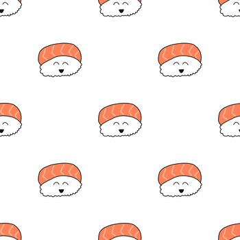Food concept. Seamless pattern hand drawing set of kawaii or cute sushi isolated on white background.