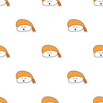 Food concept. Seamless pattern hand drawing set of kawaii or cute sushi isolated on white background. 