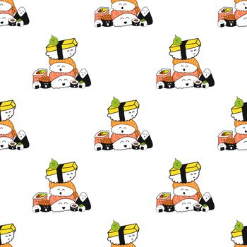 Food concept. Seamless pattern hand drawing set of kawaii or cute sushi isolated on white background. 