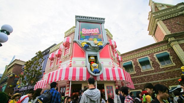 Osaka, JAPAN - NOV 19, 2019: Sign board of Minions from Despicable Me Minion Mayhem Movie at Minion Park in Universal Studios JAPAN.Universal Studios JAPAN is a theme park in Osaka.