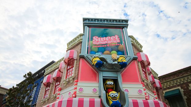 Osaka, JAPAN - NOV 19, 2019: Sign board of Minions from Despicable Me Minion Mayhem Movie at Minion Park in Universal Studios JAPAN.Universal Studios JAPAN is a theme park in Osaka.