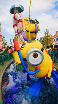 OSAKA, JAPAN - November 03, 2017 : Statue of MINIONS at MINION PARK ENTRANCE in Universal Studios JAPAN.  Minions are famous characters from Despicable Me animation.