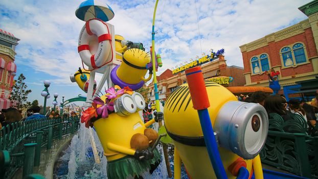 OSAKA, JAPAN - November 03, 2017 : Statue of MINIONS at MINION PARK ENTRANCE in Universal Studios JAPAN.  Minions are famous characters from Despicable Me animation.